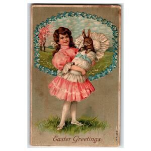 Vintage Embossed Easter Girl & Bunny Postcard German Printed SB SER 339